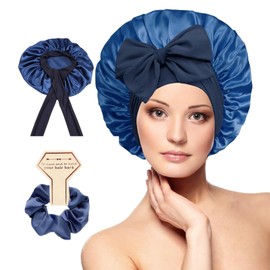 OWITER Satin Bonnet, Silk Sleep Bonnets for Women, Adjustable Satin Night Sleeping Cap Soft Elastic Band Silk Bonnets for Sleeping, Hair Bonnet + Scrunchies (Navy)