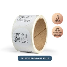 Handmade with Love Stickers, Pack of 50, Recycled Paper, Round, Diameter 4 cm, as Stickers or Labels for Wedding, Christmas, Handmade, Jam Jars, Candles - Small Heart