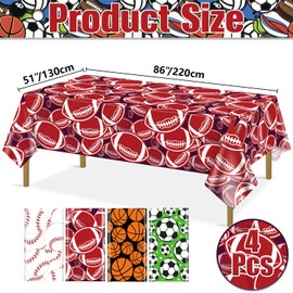 APUXXJUPA Sports Table Cloth - 4 Sports Plastic Tablecloths for Baseball Football Soccer Basketball Theme Supplies, 51 x 86 inch
