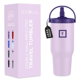 IRON °FLASK Sidekick Insulated Water Tumbler w/Straw & Foldable Handle -Stainless Steel Leak-Proof Bottle, Non-Slip Base, Fits Cup Holders for Hot, Cold Drinks -Travel Mug -30 Oz, Lavender Bliss