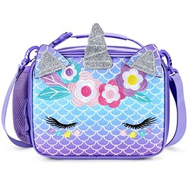 mibasies Kids Unicorn Insulated Lunch Box for Girls Rainbow Bag with Water Bottle Holder(Mermaid Blue Purple)