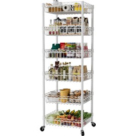 SINGAYE 6 Tier Wire Shelving Unit with Wheels Baskets Storage Rack Corner Shelves Adjustable Shelf Closet Bathroom Organizers Metal Pantry Kitchen Garage Laundry Room 13.5" D x 13.5" W x 63" H White