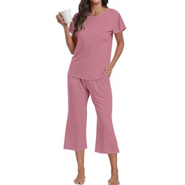 YUNDAI Womens Pyjamas Nightwear Sets Short Sleeve Round Neck Solid Color Sleepwear Tops And Pants 2 Piece Lounge Wear Sets with Pockets, Large Pink