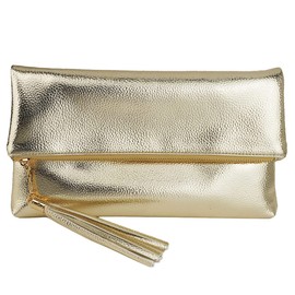 JNB Women's Cracked Metallic Fabric Foldover Clutch with Tassel, Gold1