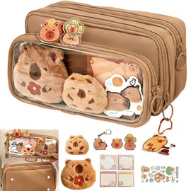 Capybara Pencil Case,Cute Detachable Clear Pencil Case Aesthetic Large Multi-Layer Pen Case,Kawaii Stuff Pencil Box Capybara Zipper Pencil Pouch with Stickers,Capybara Stationery School Supplies