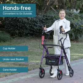 ELENKER Upright Rollator Walker, Stand Up Walkers for Seniors with Armrest, Front Pouch, 10”Wheels, Sponge Padded Seat and Backrest, Fully Adjustment Frame, Purple
