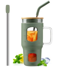 WINSA 24 oz Glass Tumbler with Lid and Straw, Iced Coffee Cup with Handle, Glass Water Bottles with Time Marker, 2 Straws - Pearl Straw & Drinking Straw Silicone Protective Sleeve-Olive