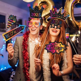 30 Pcs Happy New Year Photo Booth Props, Colorful Party Theme DIY Set, Photo Booth Birthday Party Decoration, Decoration Props
