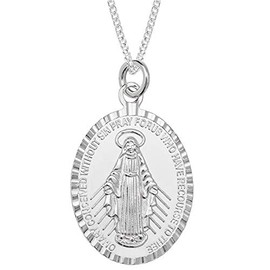 Aeon Real Sterling Silver Miraculous Medal Pendant Necklace for Women and Men. Adjustable Chain from 16 inches to 18 inches.Christian Holy Mary Medal