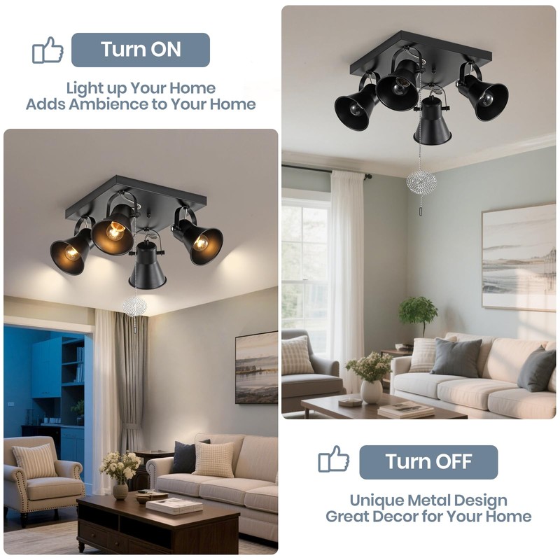 KEESFU 4-Light Square Ceiling Light Fixture with Pull Chain Switch,