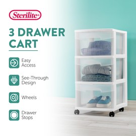 Sterilite 2 Pack Plastic Storage Organizer, 3 Drawer Rolling Bin Cart, Closet Organization, White