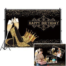 DASHAN 7x5ft Polyester Happy Birthday Backdrop Heels Sequins Princess Gold Crown Black and Gold Flash Sequins Photography Background Women Champagne Girl Birthday Quinceanera Party YouTube Photo Props