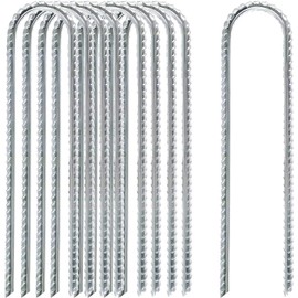 12 Inch Rebar Stakes Heavy Duty, 10 Pack Garden Stake U-Hook, Galvanized Rust Proof Metal Stakes for Tent, Landscape,Outdoor Decorations, Fabric Ground Cover, Tube Fixing (Silver, U-12in-10pc)