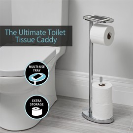 Better Living Ovo Toilet Caddy with Top Shelf, Bathroom Toilet Paper Storage Holder Stand with Dispenser and Reserve for 2 Extra Jumbo Rolls, Metal Freestanding Toilet Paper Roll Holder, Chrome