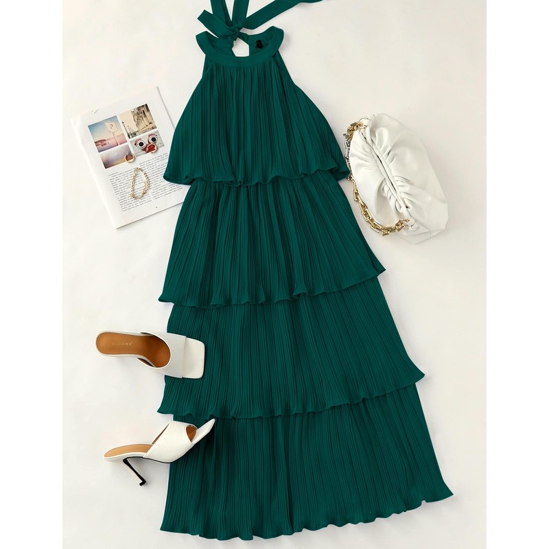 ZESICA Women's 2024 Summer Sleeveless Halter Neck Ruffle Tiered Layed