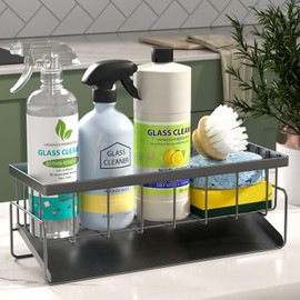 Kitchen Sink Caddy Organizer Sponge Holder for Kitchen Sink with Stainless Steel Auto Drain Tray, Self Drain Dish Soap Sponge Caddy Rack for Kitchen Countertop Storage Gadgets Accessories, Grey