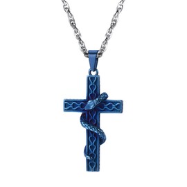 PROSTEEL Men Blue Cross Snake Pendant Necklace with 316L Stainless Steel Chain