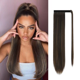 WZNBBOY Straight Long Ponytail Extensions 24 Inch Wrap Around Pony Tail Hair Synthetic Hairpiece Fake Clip in Ponytail Hair Pieces Hair Extensions for Women (Dark Brown Mix Blonde)