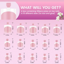 Press On Toenails for Women,SITELENABY French Toe Nail Press Ons Toe Tips,180 pcs Square Toe Nail Tips,15 Sizes Soft Gel False Toenail Extension,Full Cover Acrylic for Salon X