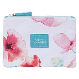 Heartfelt Multi Purpose Watercolor Canvas Zipped Travel Pouch Makeup Bag and Minimalist Organizer for Cosmetics, Supplies and Toiletries – Life is Beautiful, Coral Pink Poppies