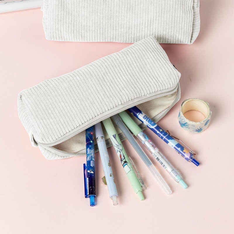 1 White Corduroy Pencil Case, Retro Pencil Case Made of