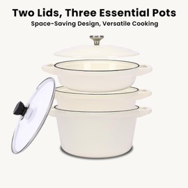 QuliMetal Enameled Cast Iron Set 5-Pc, 10" Stackable Space-Saving Cookware Set, Dutch Oven, Skillet, Grill Pan, with 2 Universal Lid, Versatile Enamel Dutch Oven, Included Spacers, White