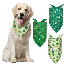 Happy Saint Patricks Day Dog Bandanas 3 Pack, Lucky Shamrock Irish 4 Leaf Clover Green Bandanna Triangle Scarf Adjustable Pet Bibs Kerchief Set Costume Accessories Decorations for Dogs Cats Pets