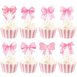 Coquette Bowknot Cupcake Toppers, 48PCS Cute Pink Bow Cupcake Picks for Bridal Wedding Party, 1st Birthday Decor, Girls Baby Shower Supplies.