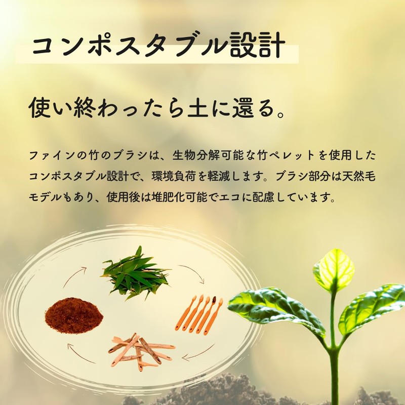 ファイン MEGURU 竹の歯ブラシ 豚毛 4本セット 生分解性 脱プラ国産歯ブラシ エコ