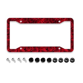 Rose License Plate Frame - 1 Pcs Funny Aluminum Car License Plate Cover Gorgeous Red Roses License Plate Holder Universal US-Canada 4 Hole Auto Car Tag for Women/Men