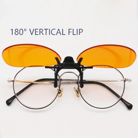 Clip On Glasses 180 Degree Vertical Clip On Flip Up Lens UV Protection Blue Light Blocking Rimless Glasses Sunglasses Orange (Round)