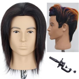 HAIRWAY Male Mannequin Head Human Hair 8 Inch Hairdresser Practice Mannequin Head with 100% Real Human Hair Cosmetology Styling Training Manikin Doll Head with Table Stand Clamp (Natural Black)