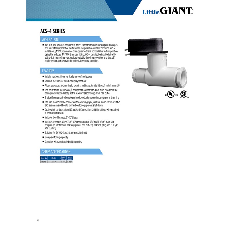 Little Giant ACS-4 In-Line Condensate Drain Overflow Shut-off Switch, 24
