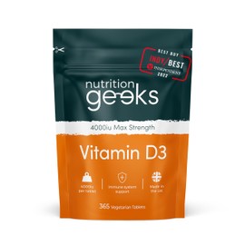Nutrition Geeks Vegetarian Vitamin D3 4000 iu - 1 Year Supply, 365 Easy-Swallow High Strength Vitamin D Supplement Tablets - UK Made VIT D & D3 Vitamins Awarded by The Independent