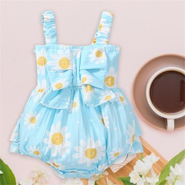 Baby Girl Romper Casual Sleeveless Bow Front Floral Print Bodysuit Newborn Playsuit Summer Clothes (Blue, 12-18 Months)