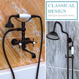 Oil Rubbed Bronze Vintage Telephone Handheld Shower Spray Ceramic Handle with 60inch Flexible Hose, Antique Brass Shower Head Clawfoot Tub Showerhead Replacement, No Wand Holder