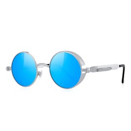 MERRY'S Gothic Steampunk Sunglasses for Women Men Round Lens Metal Frame S567(Silver&Blue, 46)