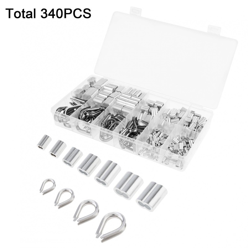 340pcs Wire Rope Cable Thimbles Aluminum Crimping Loop Sleeve Assortment