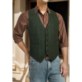 Enlision Men's Suit Vest Checked Wool Tweed Formal Elegant Regular Fit Plaid Suit Vest for Men Wedding, Green
