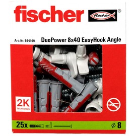 fischer EasyHook Angle, Set of 25 Angle Hook Screws and DuoPower 8 x 40 Dowels, Chipboard Screws with Hooks, Flexible Screw Hooks for Mounting in Numerous Building Materials