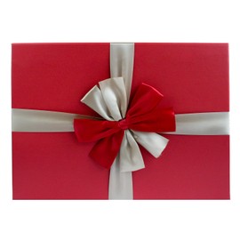 Emartbuy Rigid Gift Box, 33.5 x 25 x 11.5 cm, Red Box with Lid and Gold Red Satin Ribbon