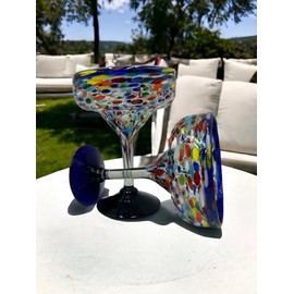 Set of 2 Hand-Blown Margarita Glasses | 16 oz Mexican Confetti Glassware with Colorful Rock Design | Blue Rim & Foot