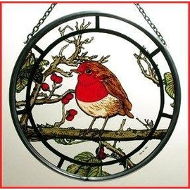 Decorative Hand Painted Stained Glass Window Sun Catcher/Roundel in a Fat Robin Design.