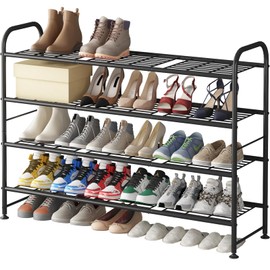 LINZINAR Shoe Rack Long 4 Tier Shoe Storage Organizer Metal Wide Shoe Shelf for Closet Entryway Bedroom 24 Paris Large Capacity, Gold Black