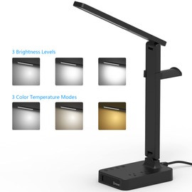 Drevet LED Desk Lamp with Headphone Stand, Desk Light with 1 USB Charging Port and 2 AC Power Outlet, 3 Lighting Modes, 3 Level Brightness,1H Timer, Memory Function, Eye-Caring Gaming Desk Lamp