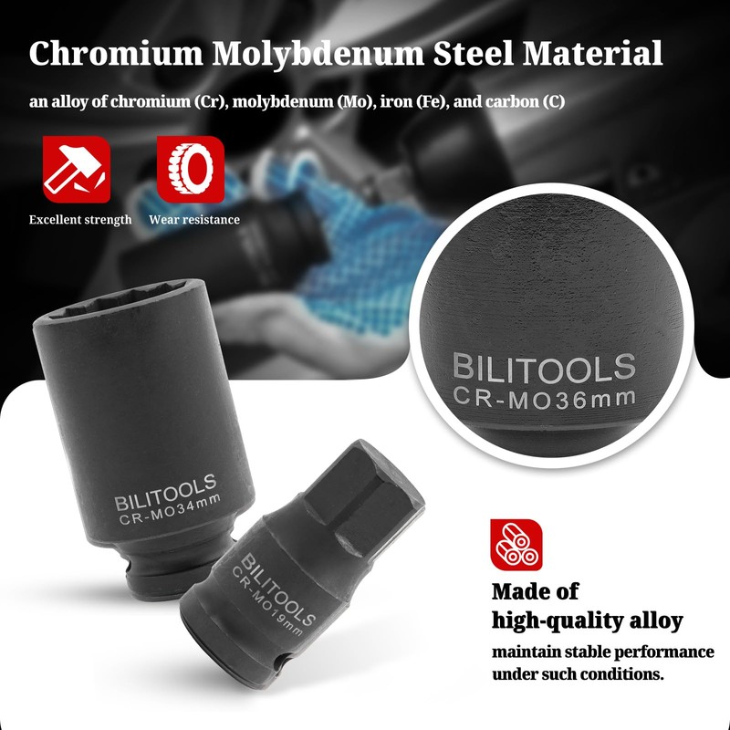 BILITOOLS 12 Point Axle Nut Socket Set, 1/2" Drive Spindle