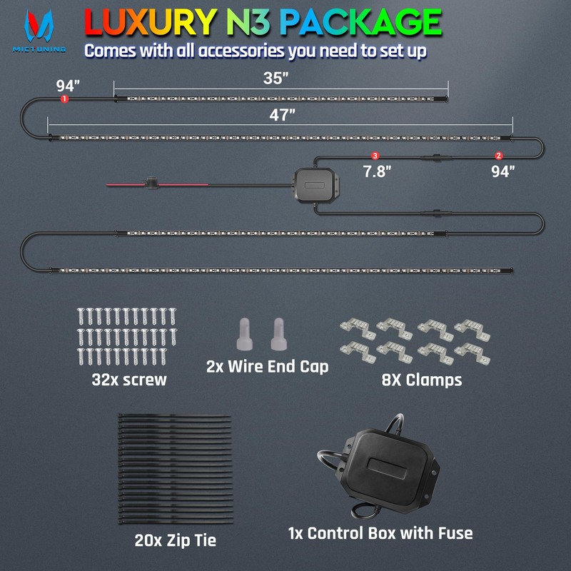 MICTUNING N3 Car Underglow Light Strip Kit, Chasing Dream RGB+IC