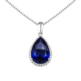Hiqmic 925 Sterling Silver Droplet Pear shaped 5.5ct Ruby Emerald Sapphire Amethyst Zirconia Pendant Necklace White Gold Plated Fashion Jewellery Gift 18", WA92039 Royal Blue