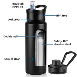 24oz Insulated Water Bottle with Straw Lid, Stainless Steel Metal Water Bottle with Straw & Wide Mouth Lid, Double Wall Vacuum Water Bottle for Hiking Camping, Black 8 Pack