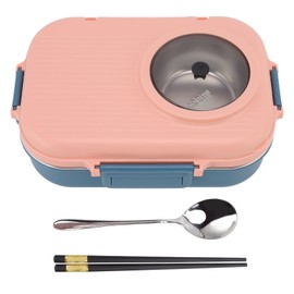 Thermal Lunch Box, Lunch Box 1100ml Double Layer 3 Grid Design 304 Stainless Steel Bento Box with Chopsticks Spoon Soup Bowl(Pink)
